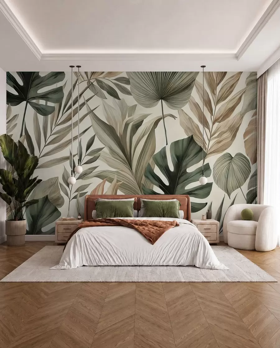 murales de pared Grandes hojas tropicales en delicados y sobrios tonos pastel w02082