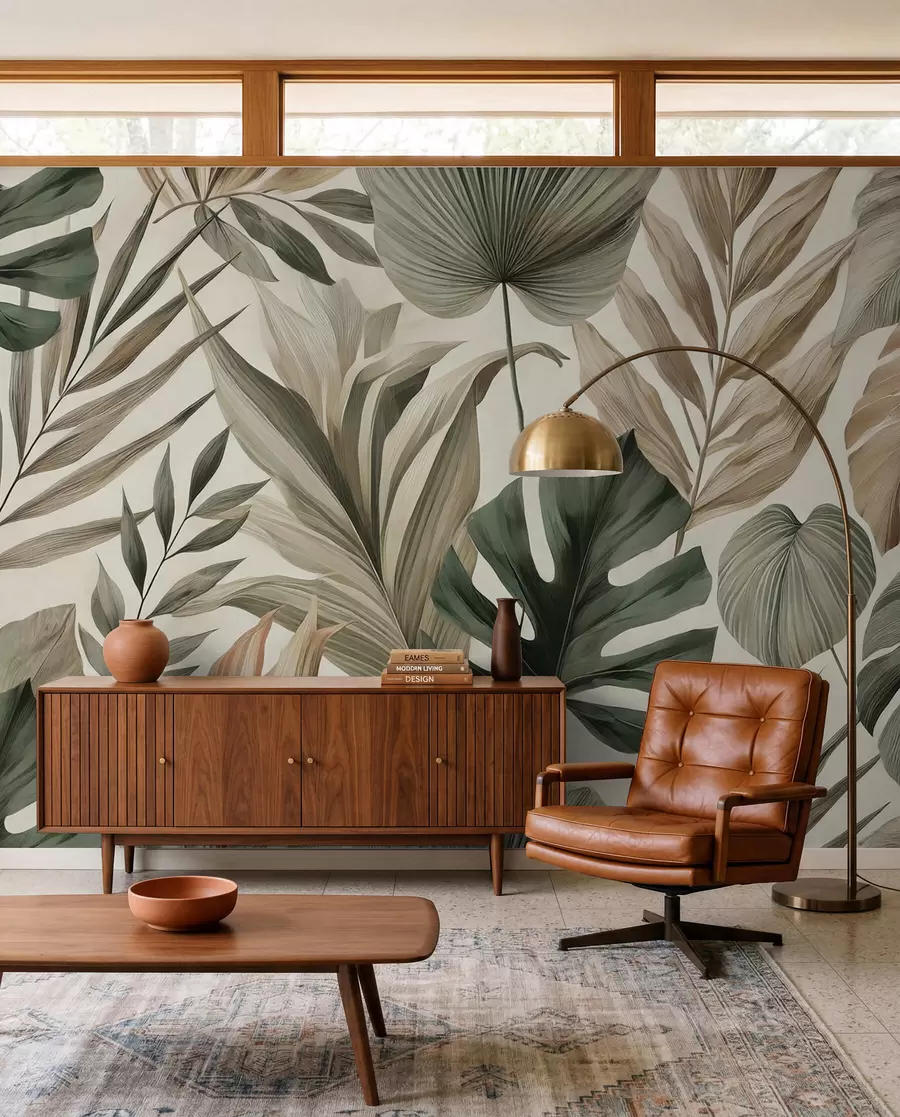 murales de pared Grandes hojas tropicales en delicados y sobrios tonos pastel w02082
