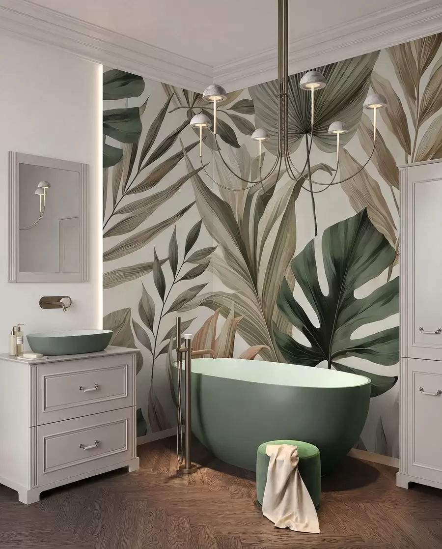 murales de pared Grandes hojas tropicales en delicados y sobrios tonos pastel w02082