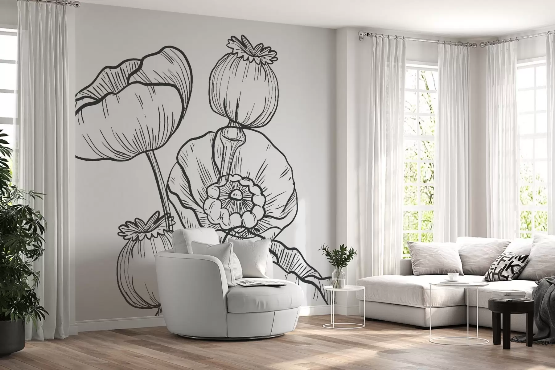 murales de pared Flor de amapola gris oscuro, con líneas,Amapola w02100v1