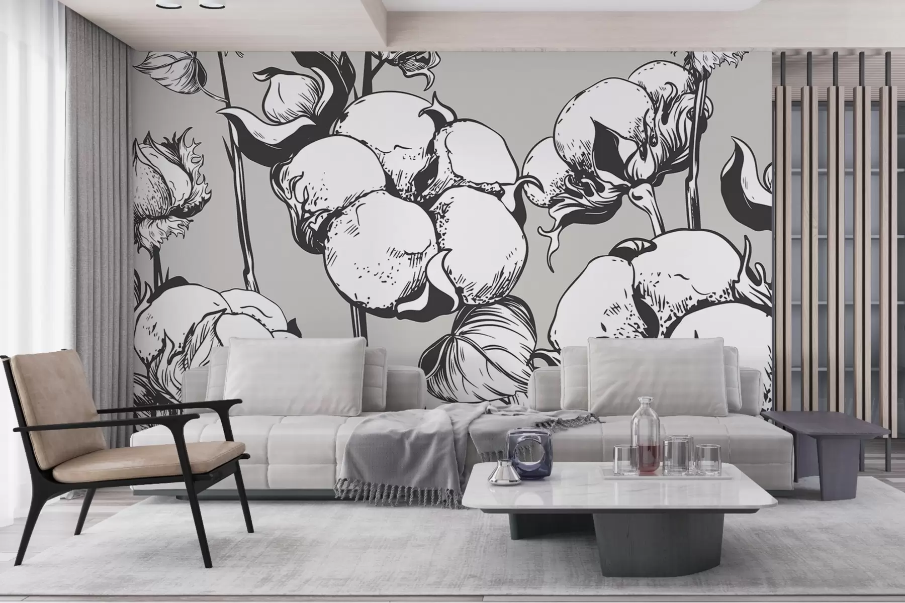 murales de pared Flores de algodón sobre un delicado fondo beige y gris w02097v3