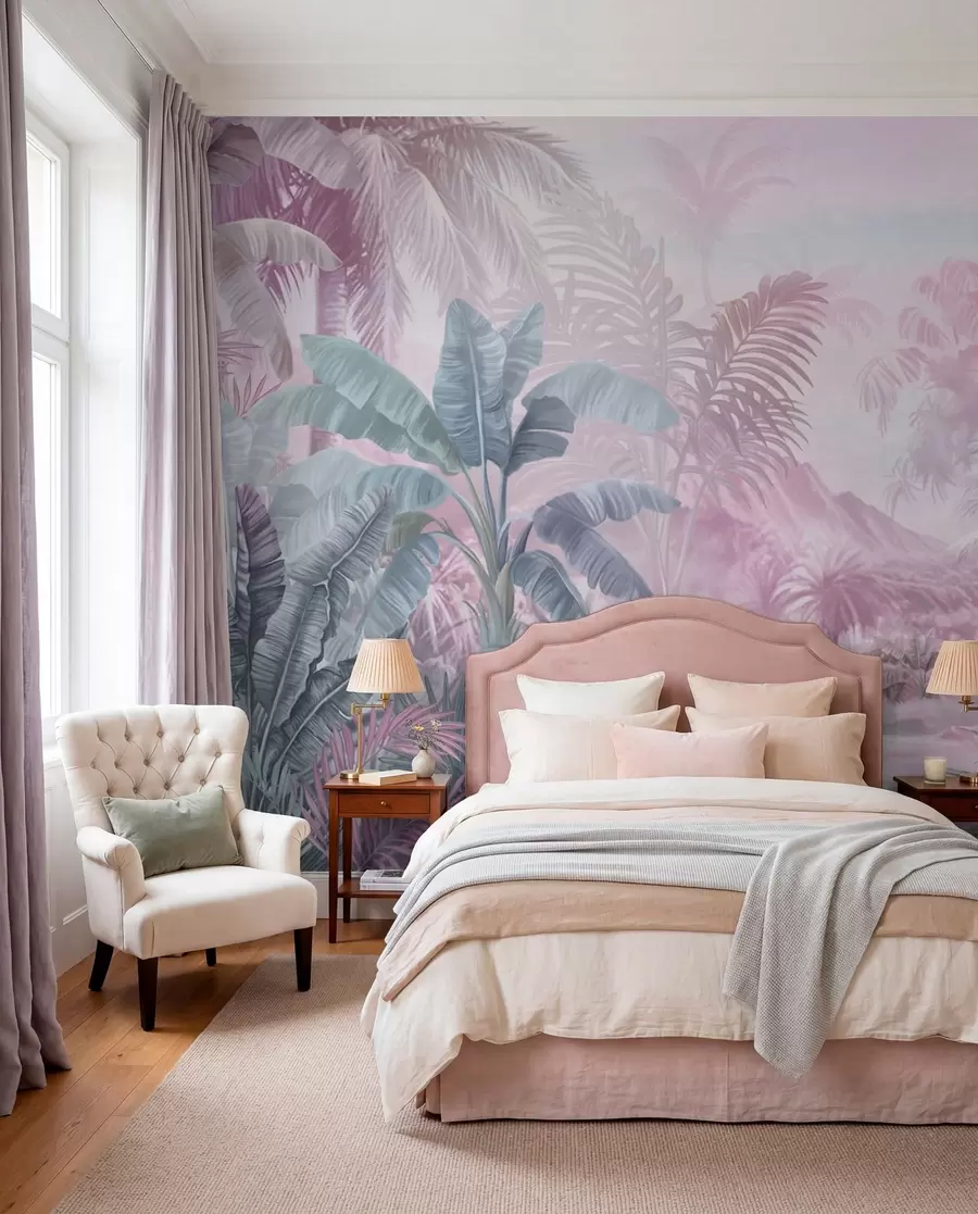 murales de pared Selva tropical en suaves tonos rosados w01931v3