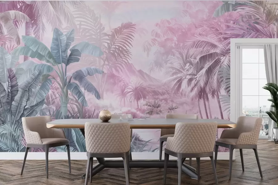 Murales de pared Selva tropical en suaves tonos rosados w01931v3 murales de pared Selva tropical en suaves tonos rosados w01931v3