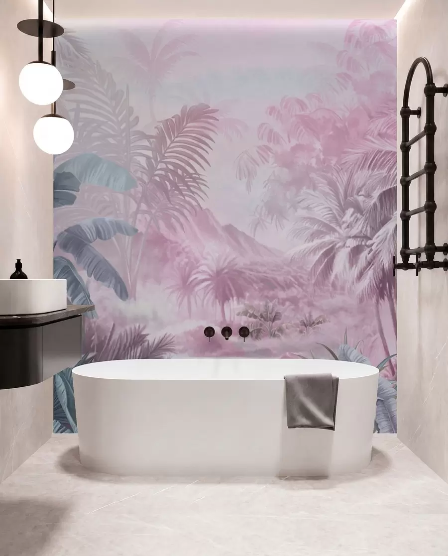 murales de pared Selva tropical en suaves tonos rosados w01931v3