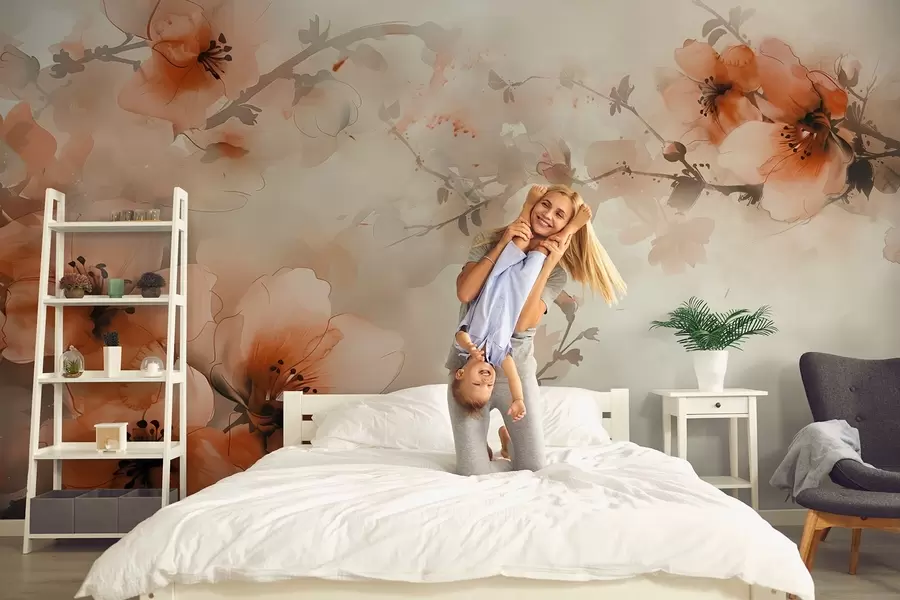 murales de pared Composición en acuarela de flores en cálidos tonos melocotón y naranja w02068