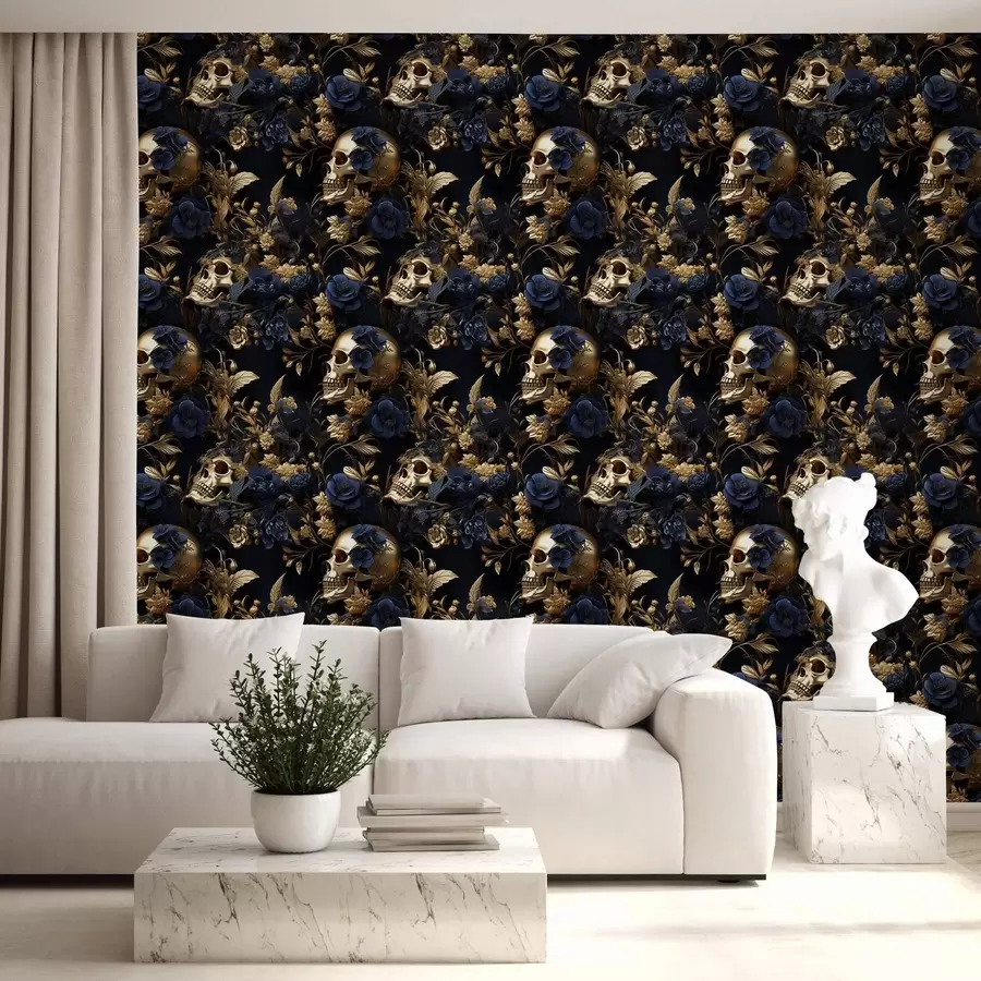 murales de pared Papel pintado de estilo lujoso con motivos de calaveras metálicas amarillas y flores oscuras w02085