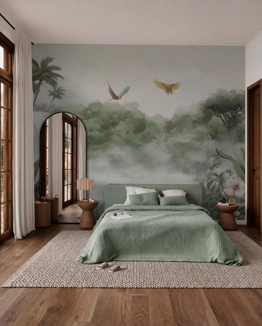 murales de pared Paisaje tropical con cascada, estanque, flores y pájaros w02127