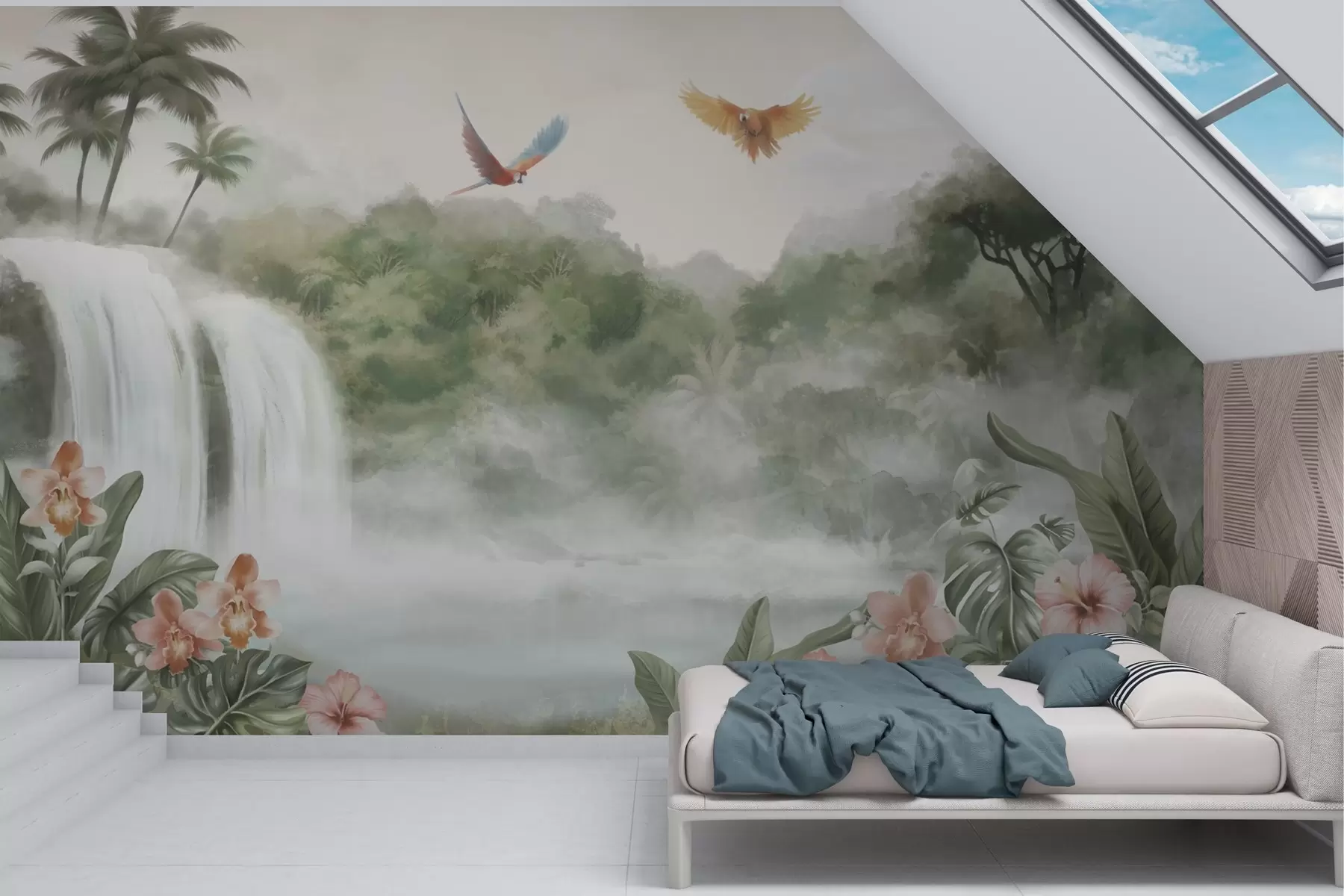 murales de pared Paisaje tropical con cascada, estanque, flores y pájaros w02127