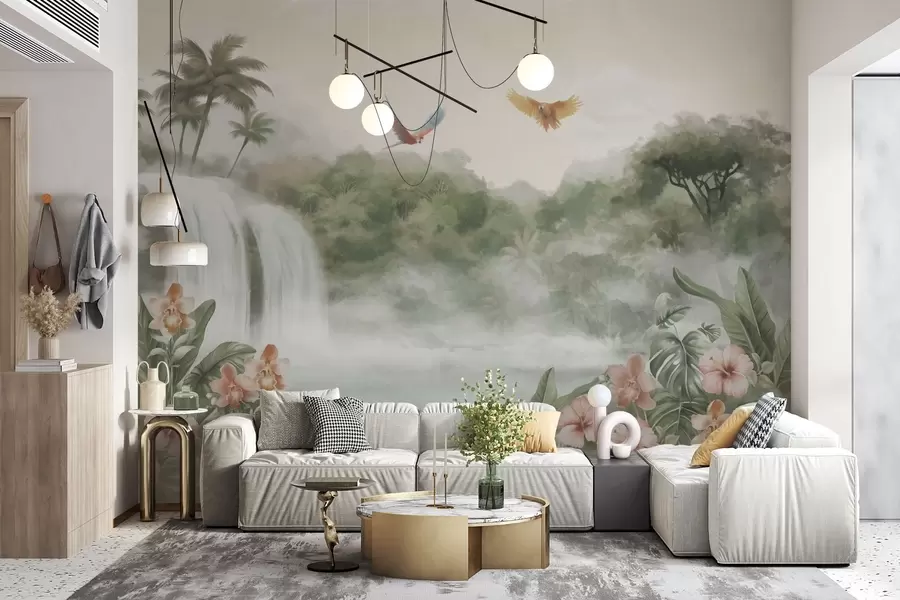 murales de pared Paisaje tropical con cascada, estanque, flores y pájaros w02127