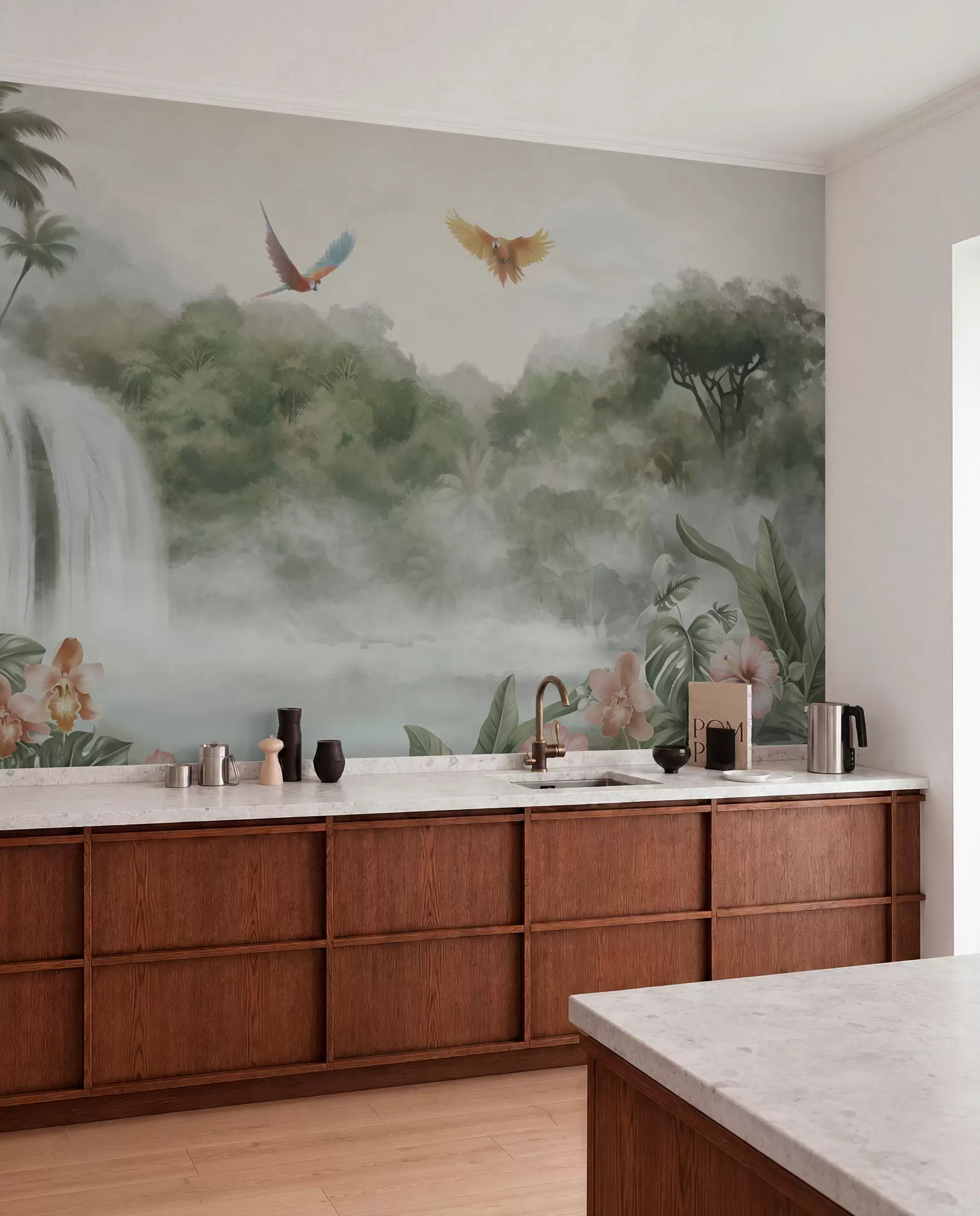 murales de pared Paisaje tropical con cascada, estanque, flores y pájaros w02127