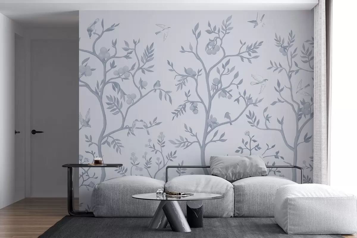 murales de pared Diseño Chinoiserie con pájaros, árboles sinuosos, frutas y flores en color azul w02128v2
