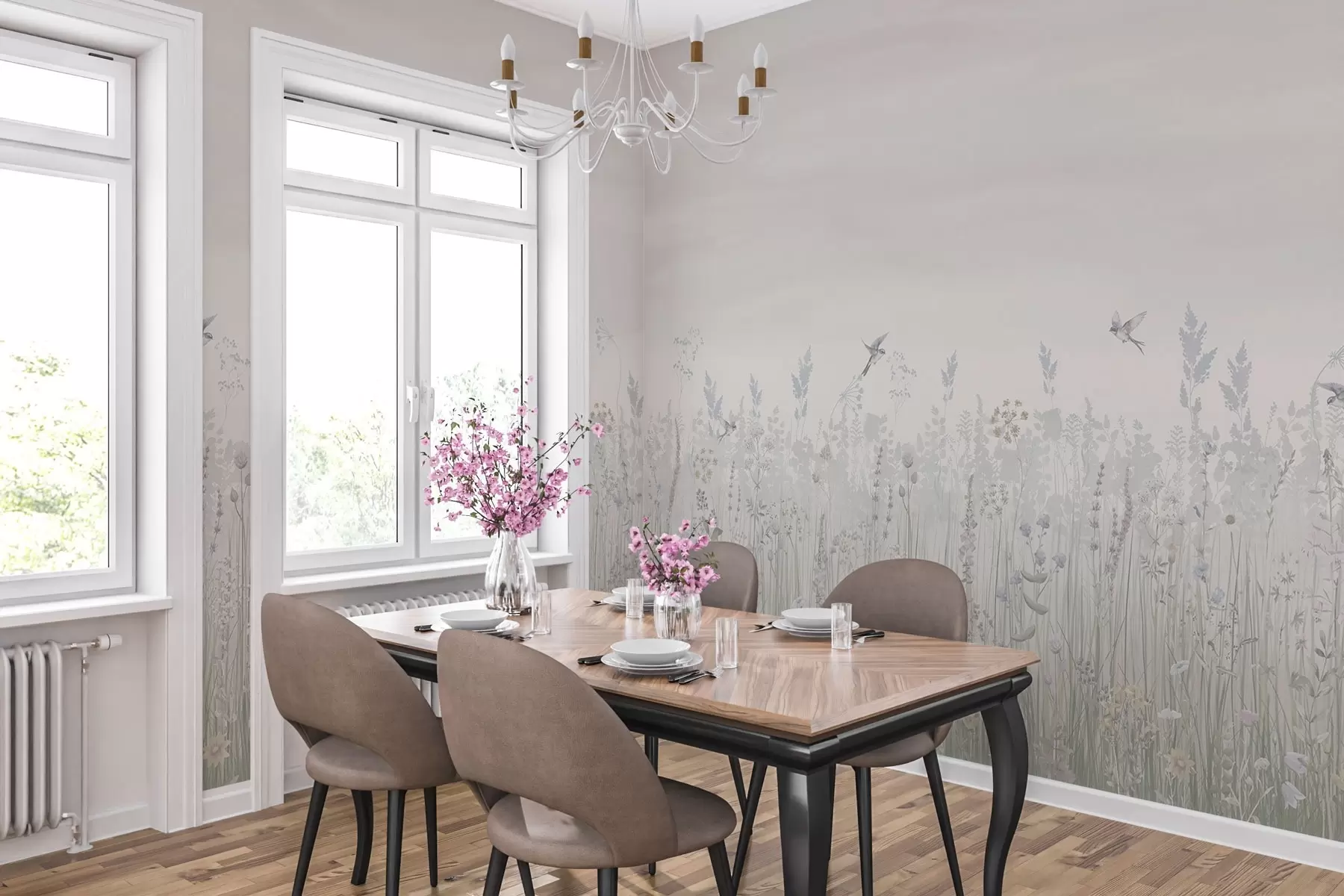 murales de pared Flores silvestres vintage y cielo degradado en tonos pastel w02192