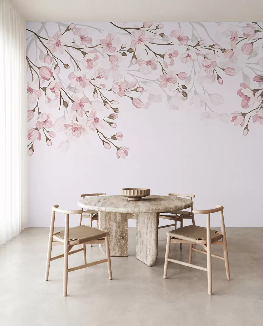 murales de pared ramas con flores rosas sobre fondo rosa w02200