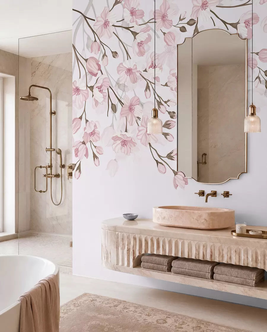 murales de pared ramas con flores rosas sobre fondo rosa w02200