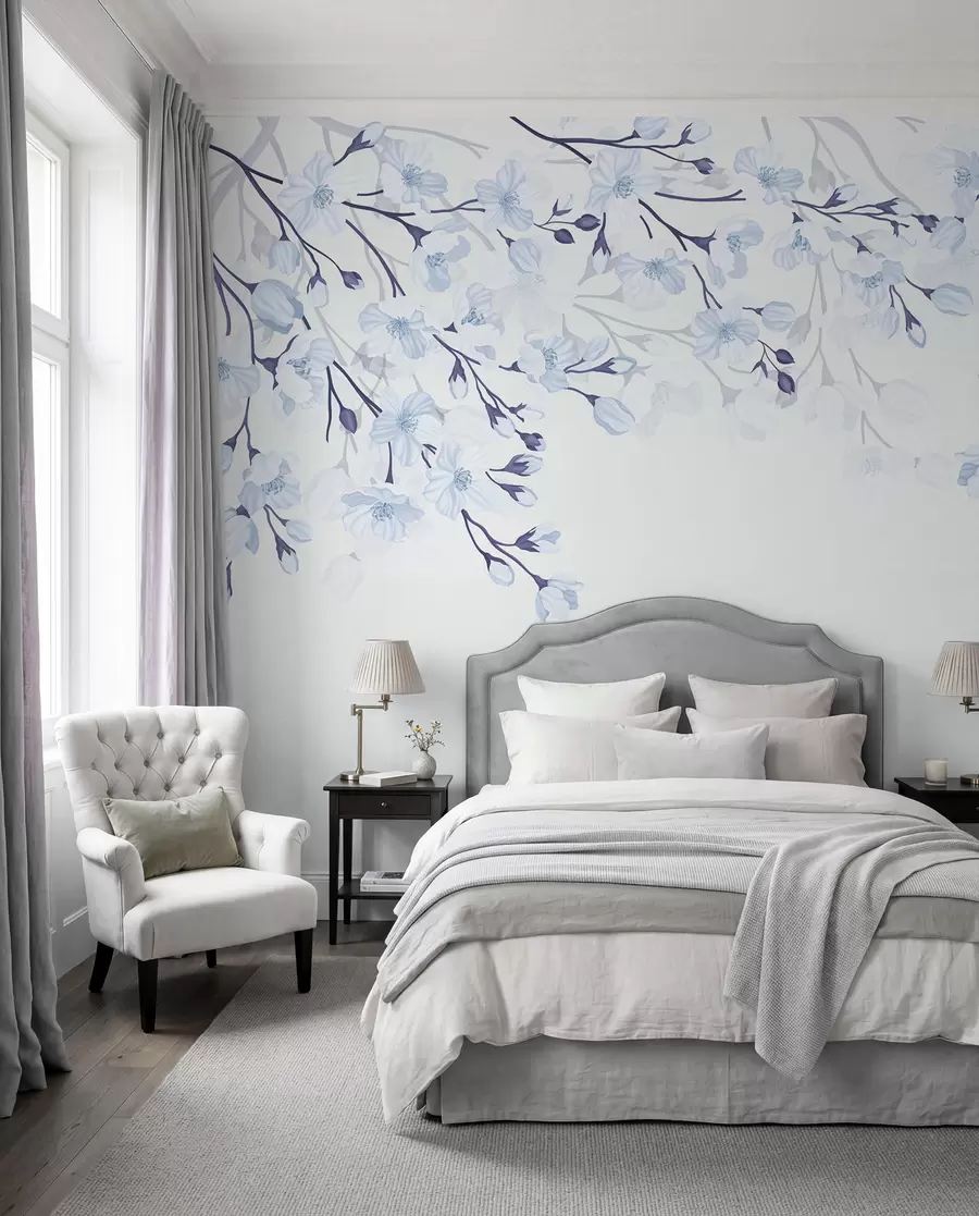 murales de pared ramas floridas azules sobre fondo azul w02200v1