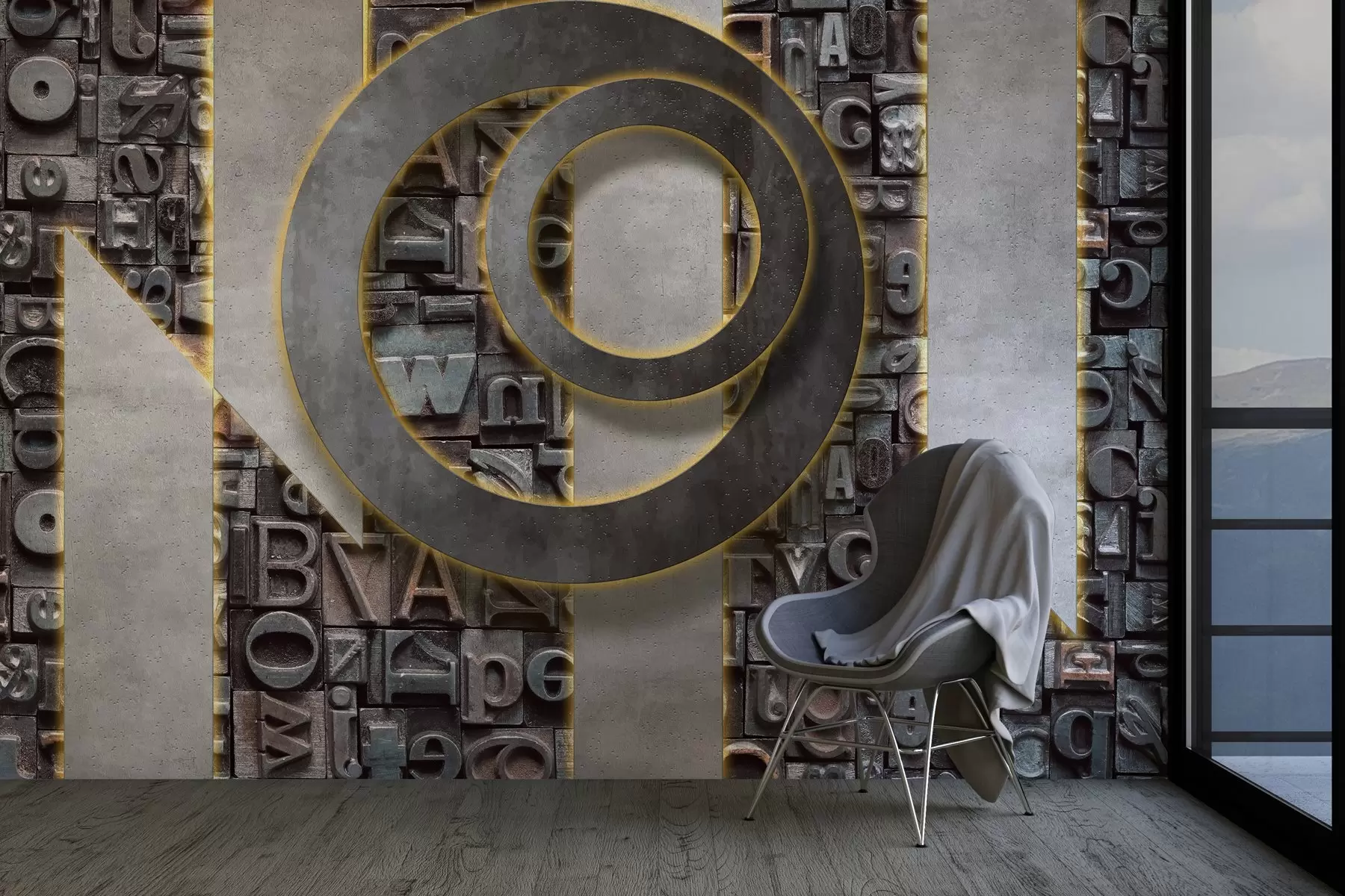 murales de pared Papel pintado moderno estilo loft con imitación de letras tridimensionales, hormigón y retroiluminación w02125