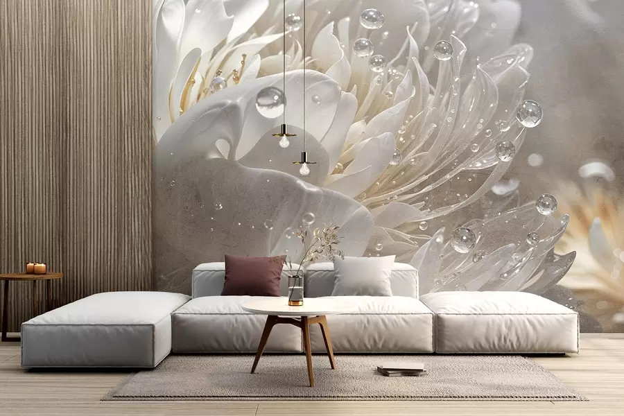 murales de pared Primer plano de una flor de peonía beige con gotas de agua en sus delicados pétalos, creando una atmósfera suave w08402
