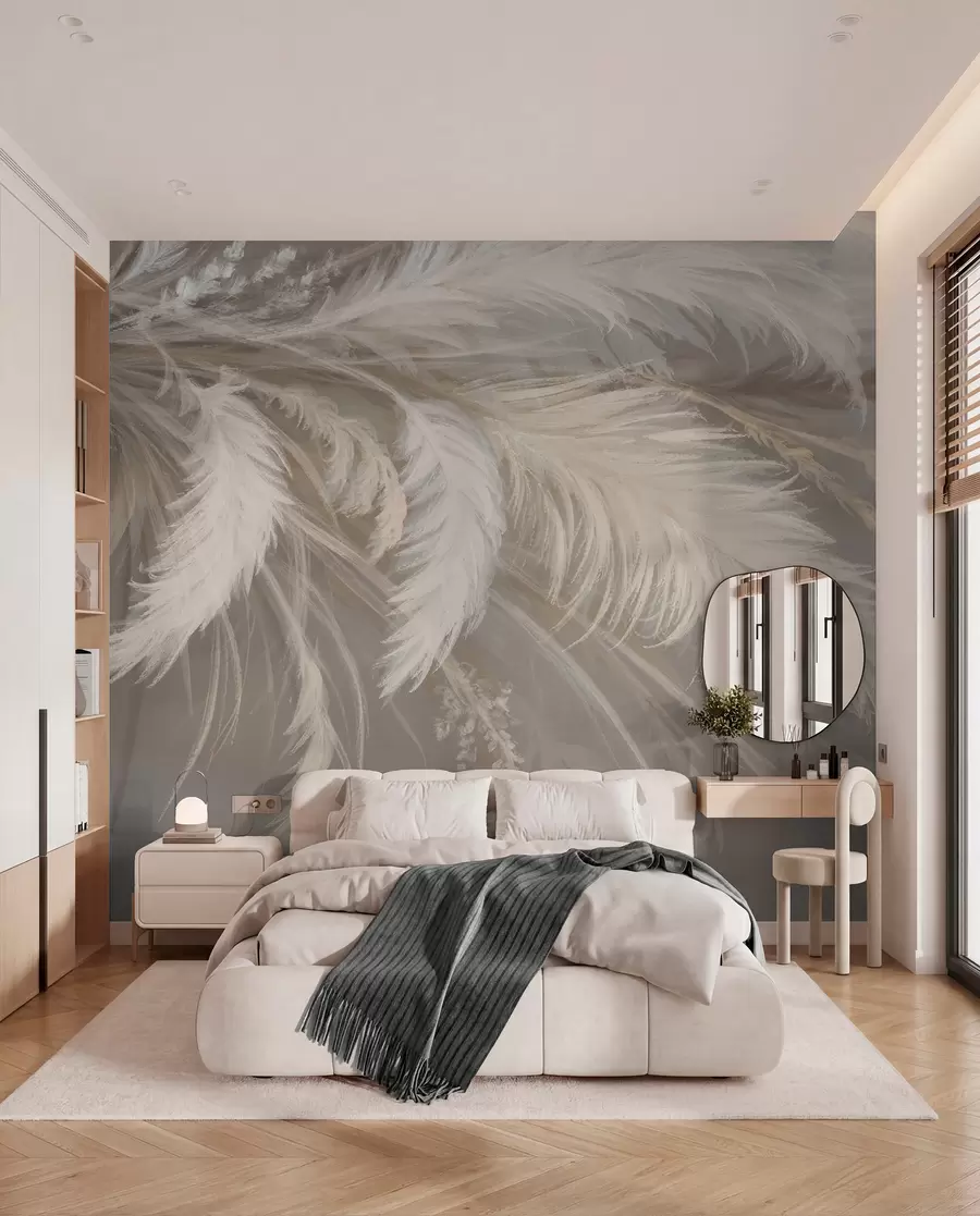 murales de pared Suaves y esponjosas plumas blancas y flores secas sobre un fondo neutro beige pastel w08403