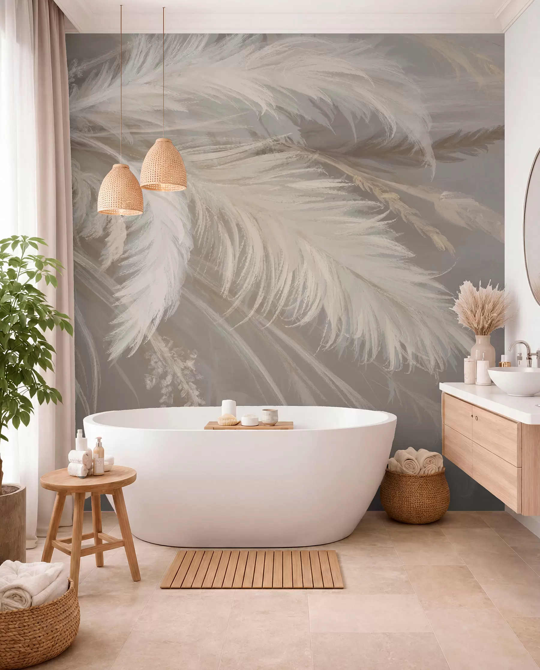 murales de pared Suaves y esponjosas plumas blancas y flores secas sobre un fondo neutro beige pastel w08403