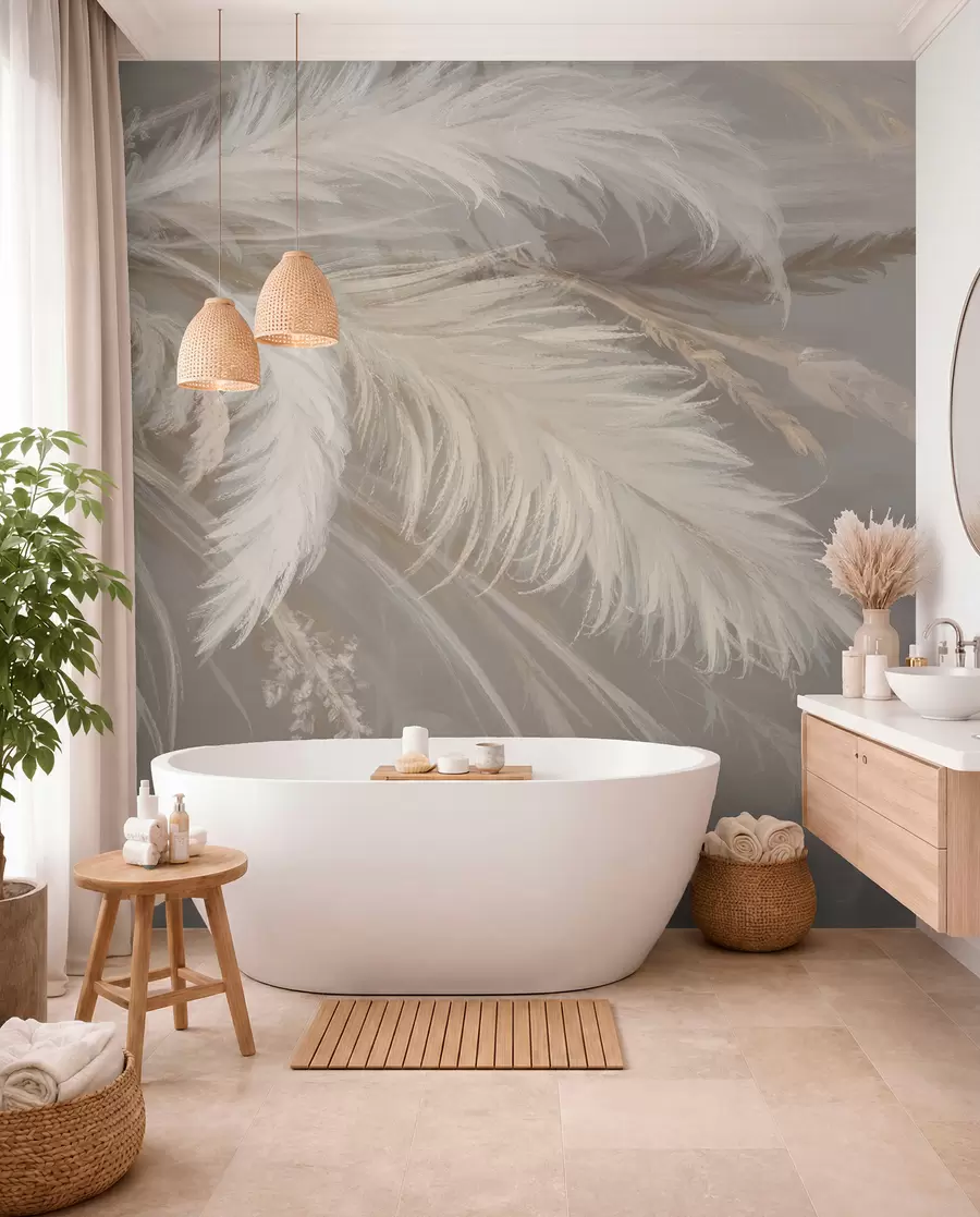 murales de pared Suaves y esponjosas plumas blancas y flores secas sobre un fondo neutro beige pastel w08403