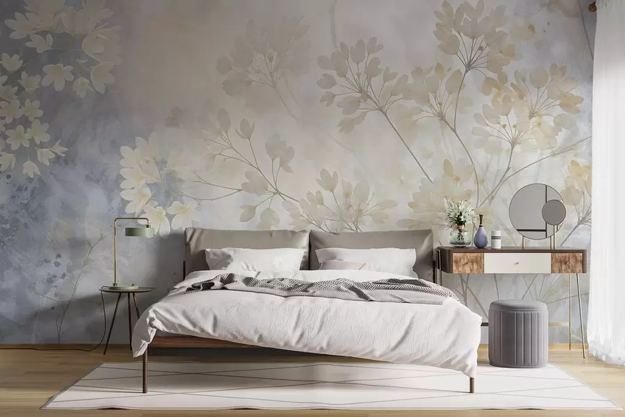 murales de pared Delicado estampado abstracto en tonos pastel de flores blancas sobre fondo difuminado, suave y etéreo w08408