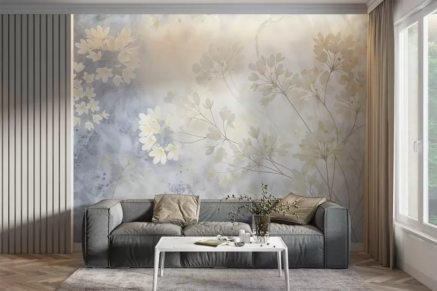 murales de pared Delicado estampado abstracto en tonos pastel de flores blancas sobre fondo difuminado, suave y etéreo w08408