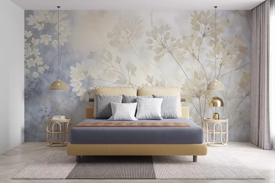 murales de pared Delicado estampado abstracto en tonos pastel de flores blancas sobre fondo difuminado, suave y etéreo w08408