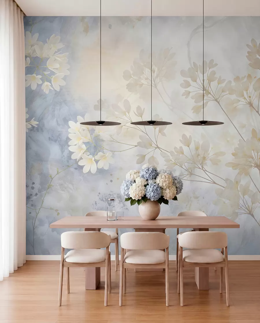 murales de pared Delicado estampado abstracto en tonos pastel de flores blancas sobre fondo difuminado, suave y etéreo w08408