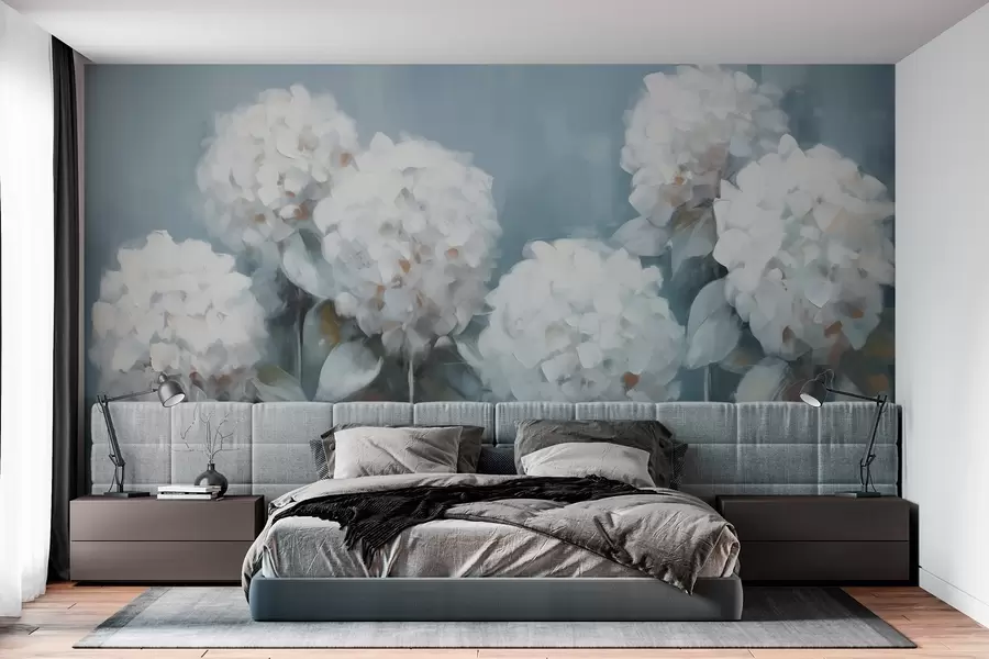 murales de pared Hortensias blancas sobre fondo azul w02159