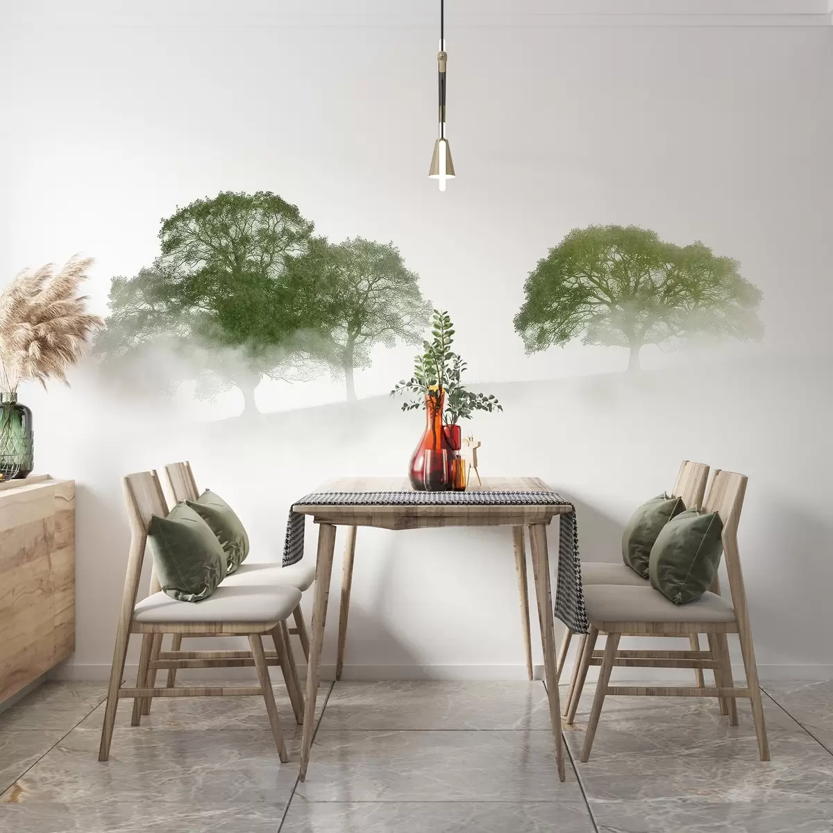Murales de pared Árboles en la colina, minimalismo, naturaleza, paleta de colores verdes  w02148v2 murales de pared Árboles en la colina, minimalismo, naturaleza, paleta de colores verdes  w02148v2