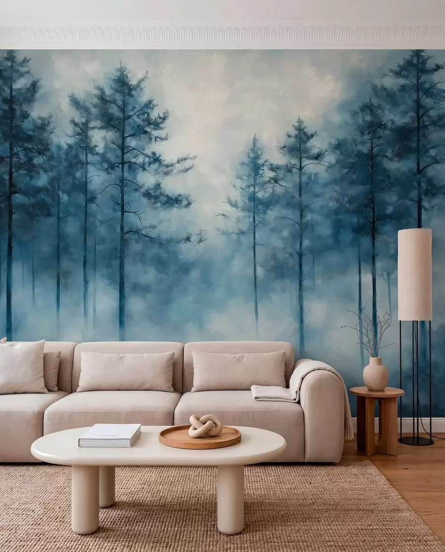 murales de pared Bosque místico, pinos, niebla, pintura acrílica, colores azul oscuro w02149