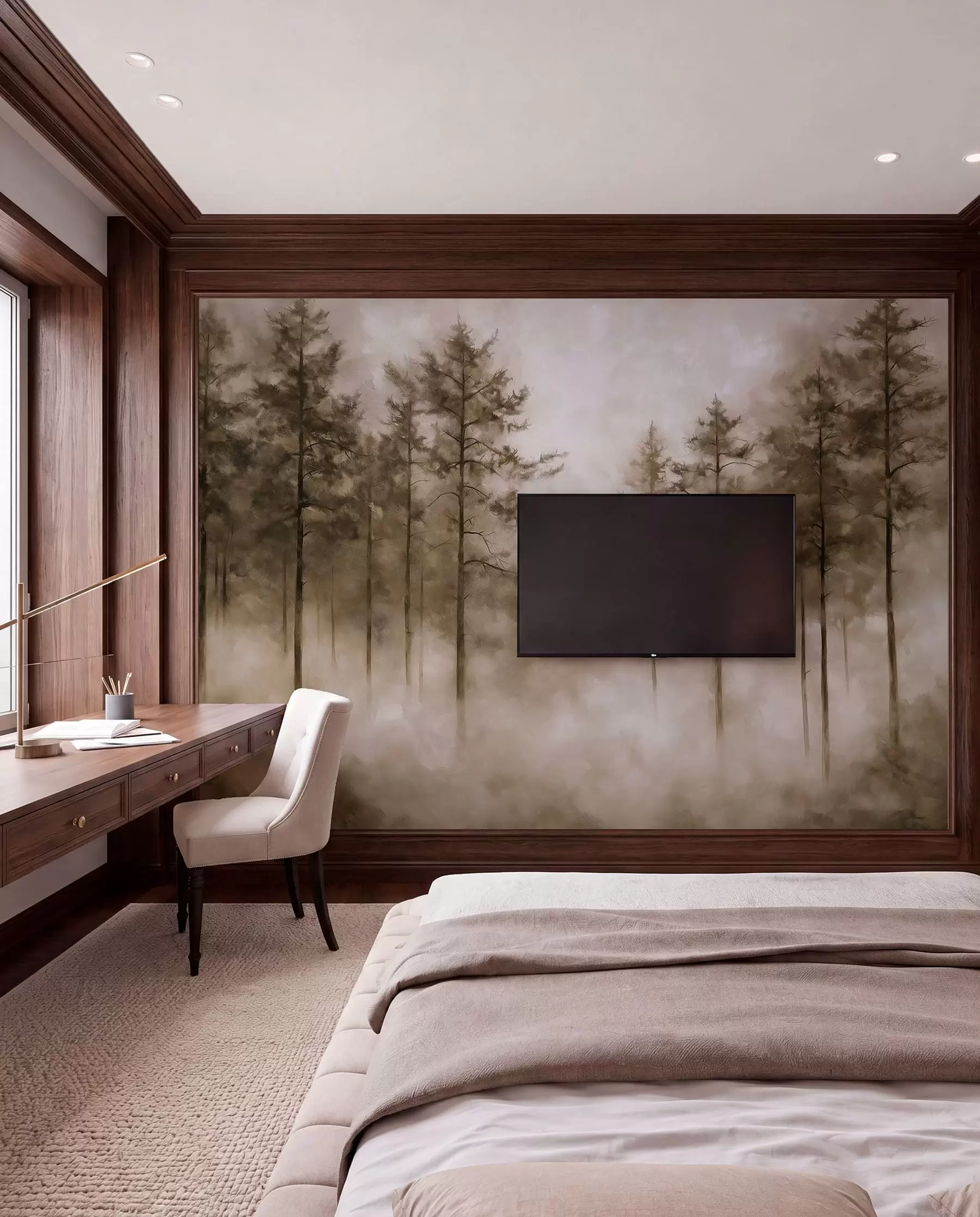 murales de pared Bosque místico, pinos, niebla, pintura acrílica, colores beige w02149v1