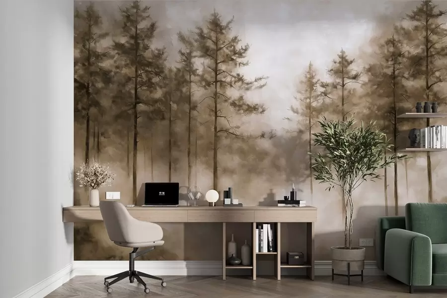 murales de pared Bosque místico, pinos, niebla, pintura acrílica, colores beige w02149v1