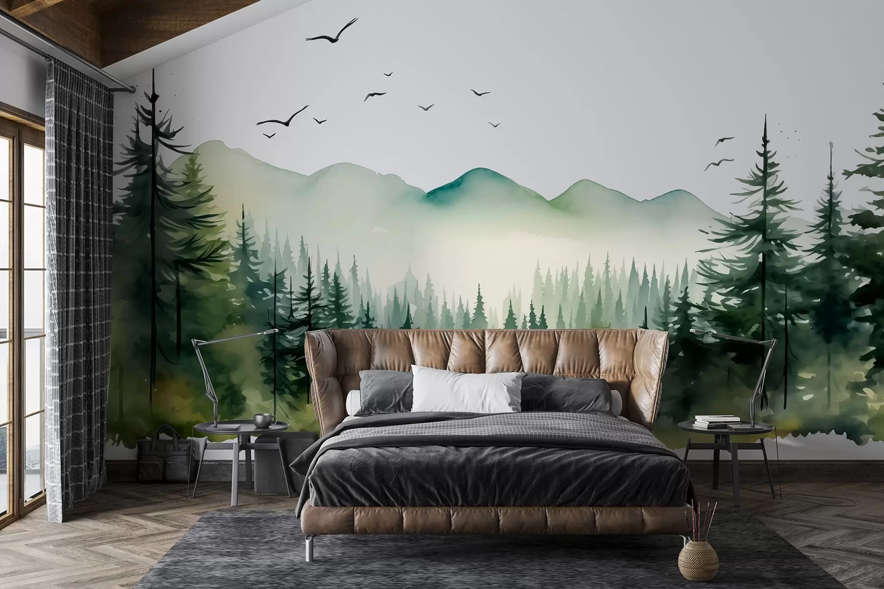murales de pared Paisajes de bosque y montaña en acuarela, paleta de colores verdes  w02150