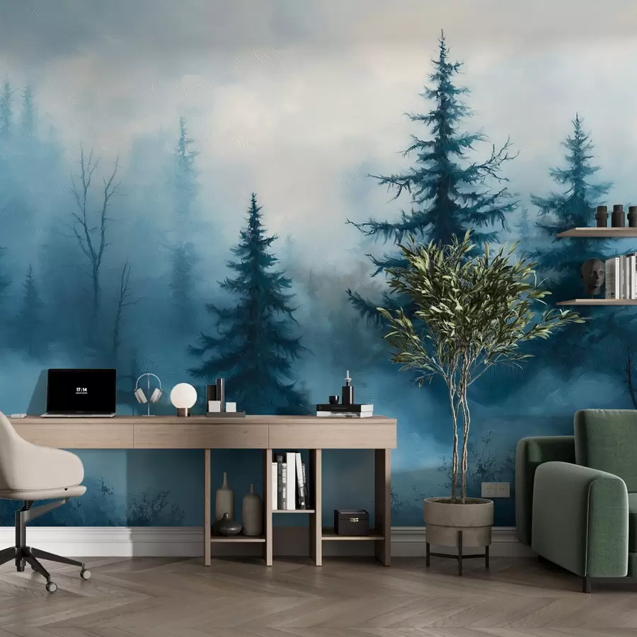 murales de pared Bosque azul oscuro, pintura al óleo, pinceladas, naturaleza w02153