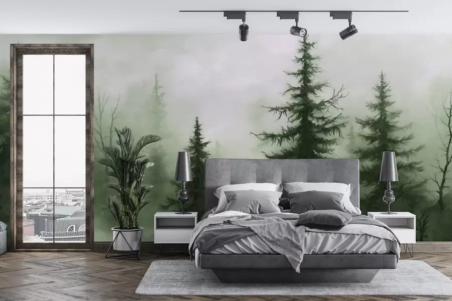 murales de pared Bosque verde oscuro, pintura al óleo, pinceladas, naturaleza w02153v1