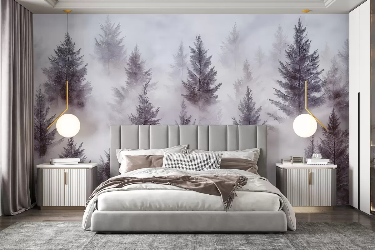 murales de pared Hermoso bosque con pinos, niebla, paisajes de naturaleza, colores púrpura w02222v1