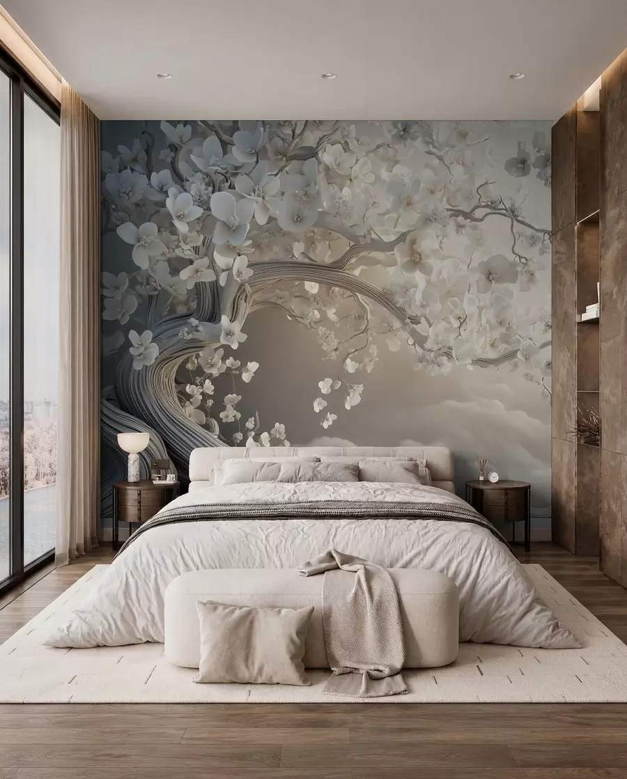 murales de pared Un árbol encantador con flores blancas contra el fondo de nubes en un estilo interesante en delicados colores cálidos w02133
