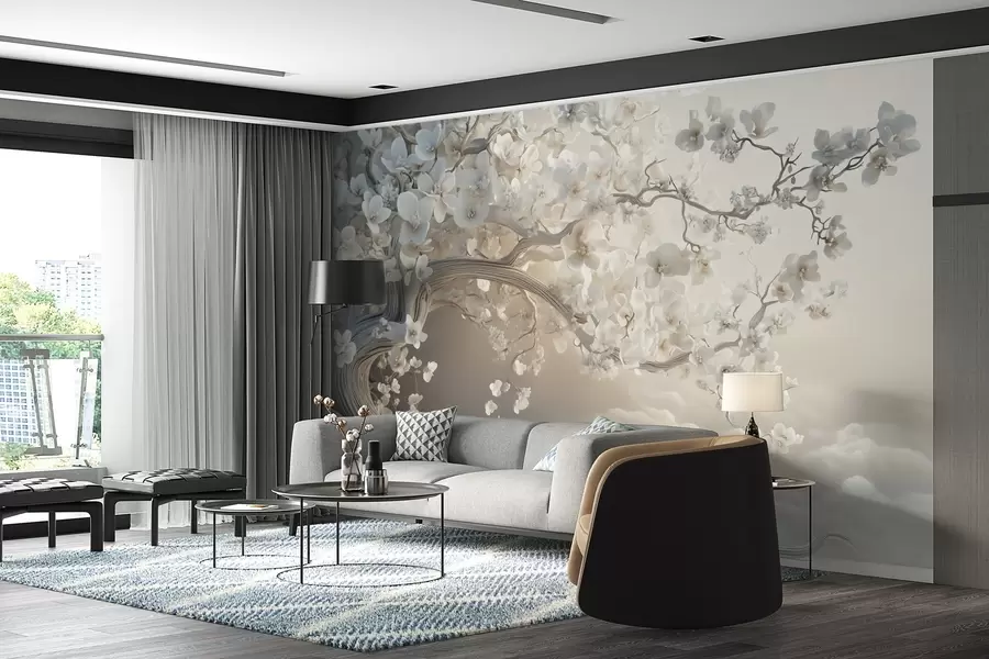 murales de pared Un árbol encantador con flores blancas contra el fondo de nubes en un estilo interesante en delicados colores cálidos w02133
