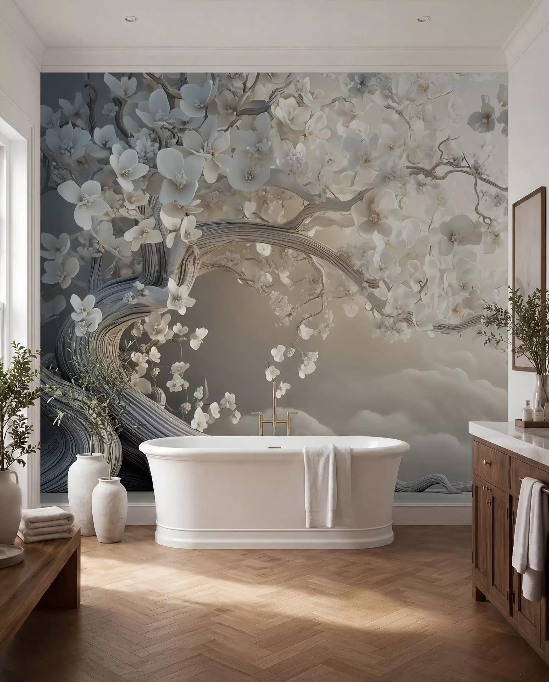 murales de pared Un árbol encantador con flores blancas contra el fondo de nubes en un estilo interesante en delicados colores cálidos w02133