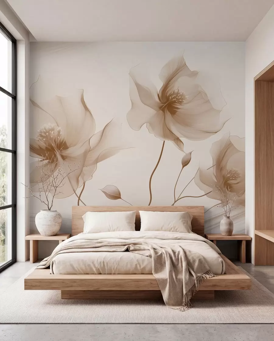 murales de pared Tres graciosas flores de pétalos translúcidos, entrelazadas con cintas de luz y viento en tonos beige w01932
