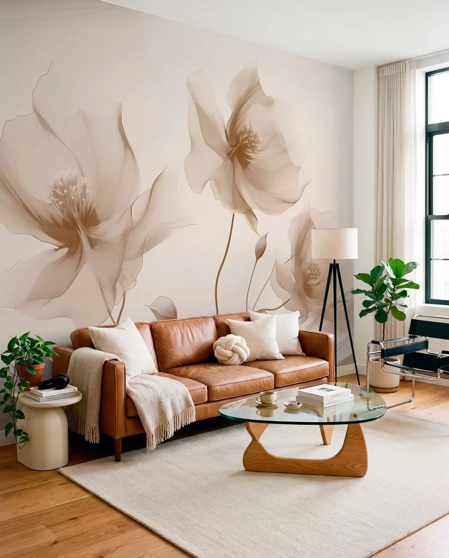 murales de pared Tres graciosas flores de pétalos translúcidos, entrelazadas con cintas de luz y viento en tonos beige w01932