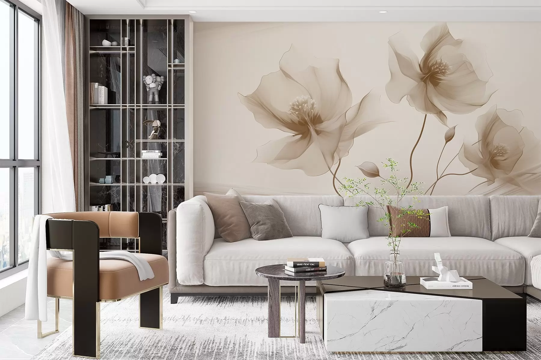 murales de pared Tres graciosas flores de pétalos translúcidos, entrelazadas con cintas de luz y viento en tonos beige w01932