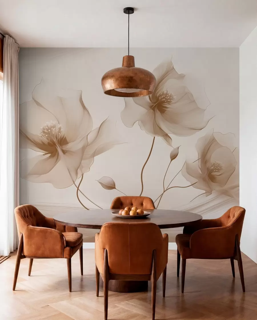 murales de pared Tres graciosas flores de pétalos translúcidos, entrelazadas con cintas de luz y viento en tonos beige w01932