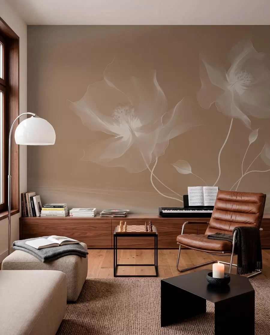 murales de pared Tres graciosas flores de pétalos translúcidos, entrelazadas con cintas de luz y viento en sepia w01932v1