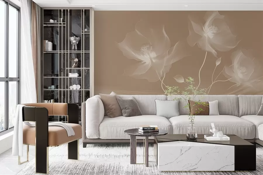 murales de pared Tres graciosas flores de pétalos translúcidos, entrelazadas con cintas de luz y viento en sepia w01932v1