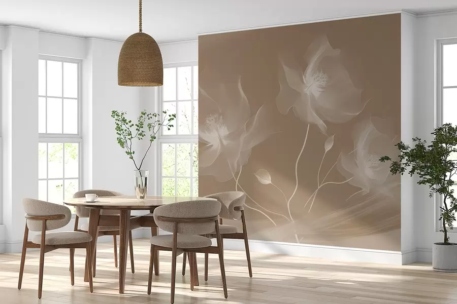 murales de pared Tres graciosas flores de pétalos translúcidos, entrelazadas con cintas de luz y viento en sepia w01932v1