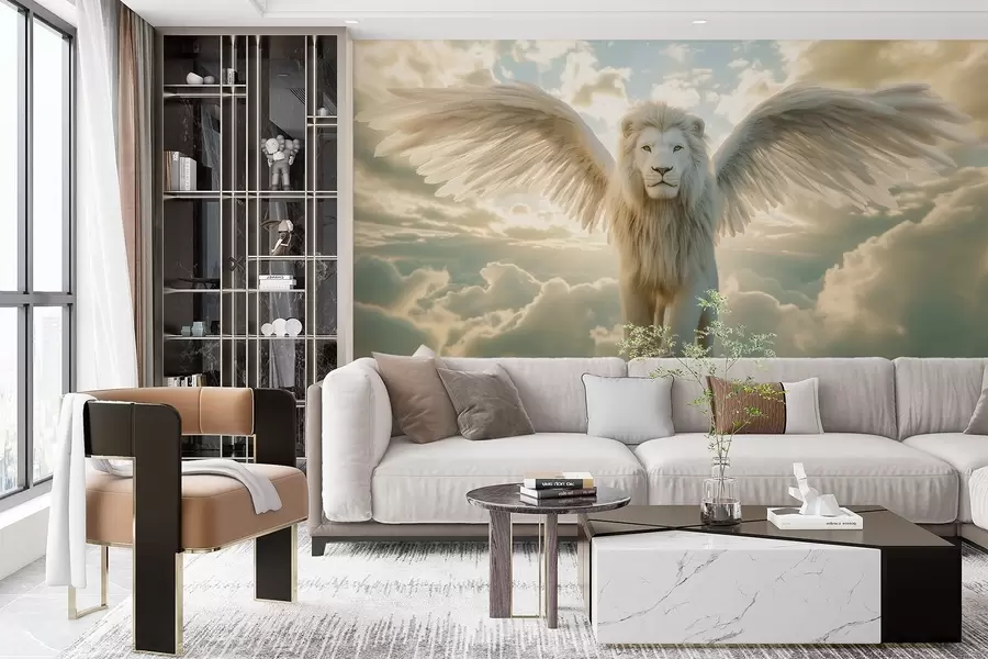 Murales de pared Majestuoso león blanco con una hermosa y exuberante melena blanca y alas contra el cielo w02144 murales de pared Majestuoso león blanco con una hermosa y exuberante melena blanca y alas contra el cielo w02144