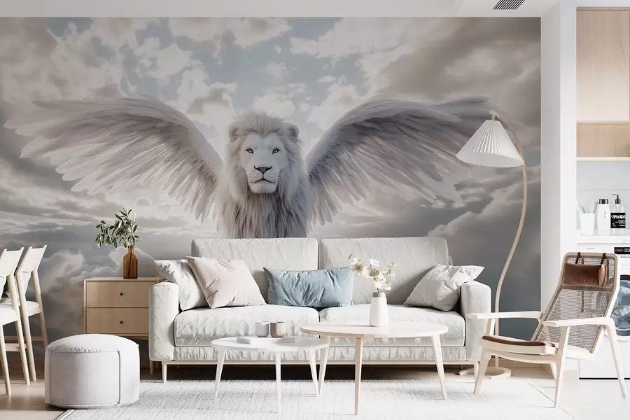 murales de pared Majestuoso león blanco con una hermosa y exuberante melena blanca y alas contra el cielo en colores grises w02144v1