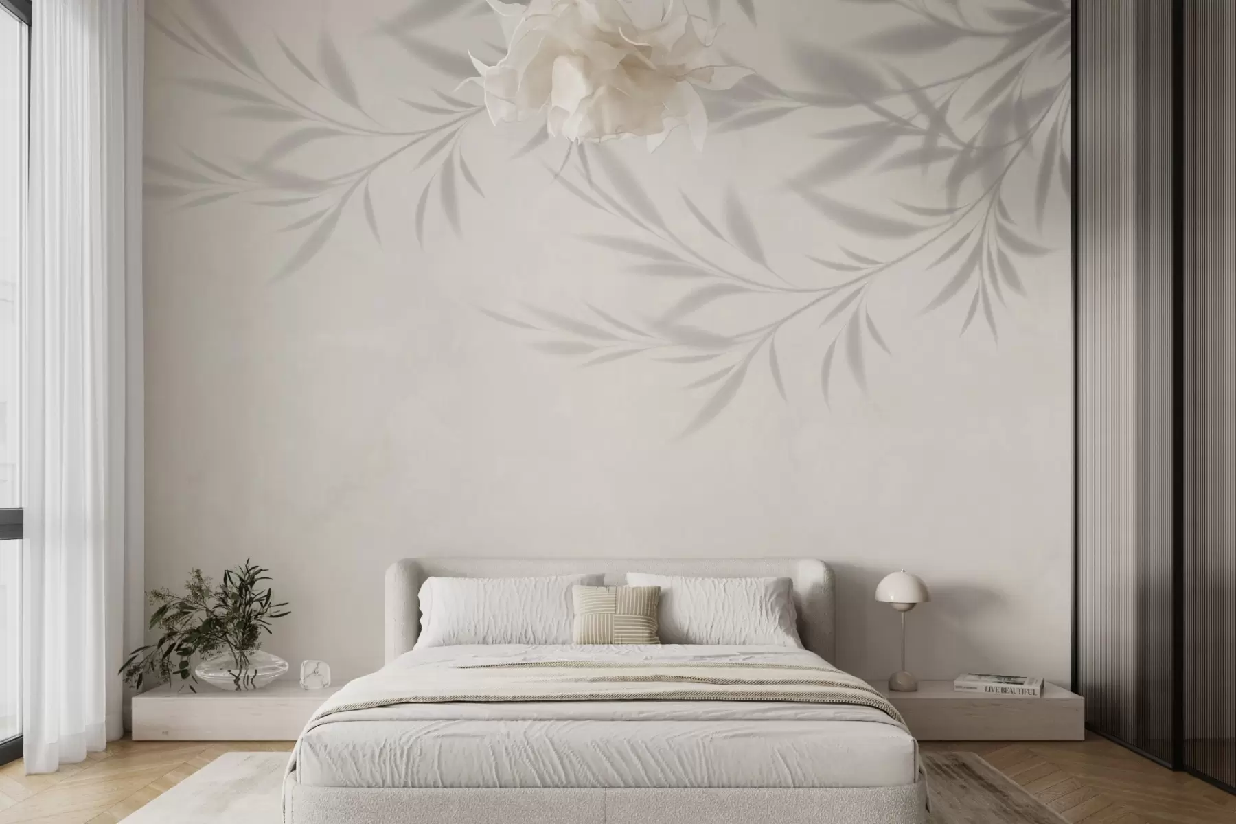murales de pared Sombra de ramas y hojas sobre fondo beige w02283v1
